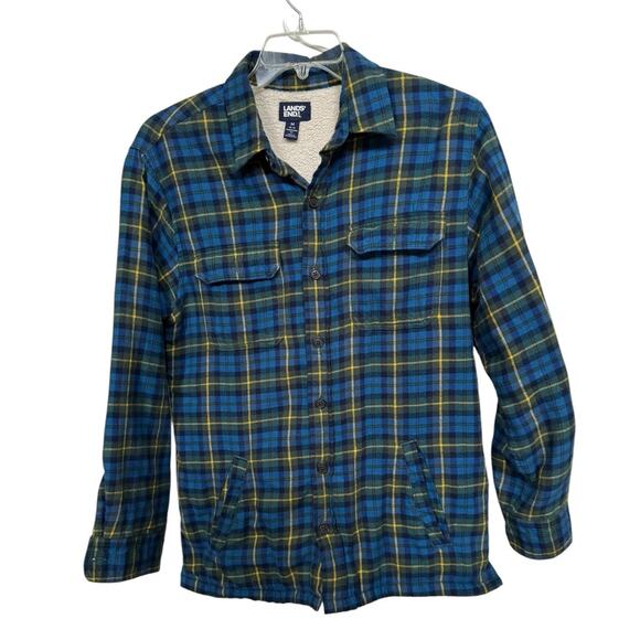 Lands End Mens Jacket Medium Traditional Fit Button Down Sherpa Lined Plaid Fall - Picture 2 of 10